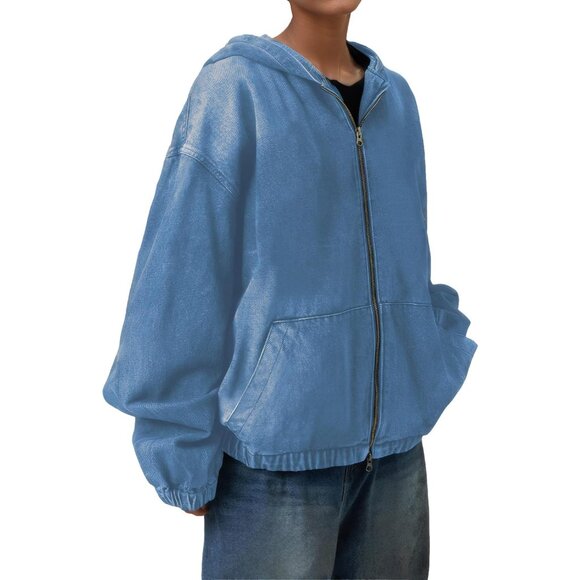 Women's Denim Hoodie Zip Up Jacket with Pockets Casual Warmth and Style - Picture 4 of 4